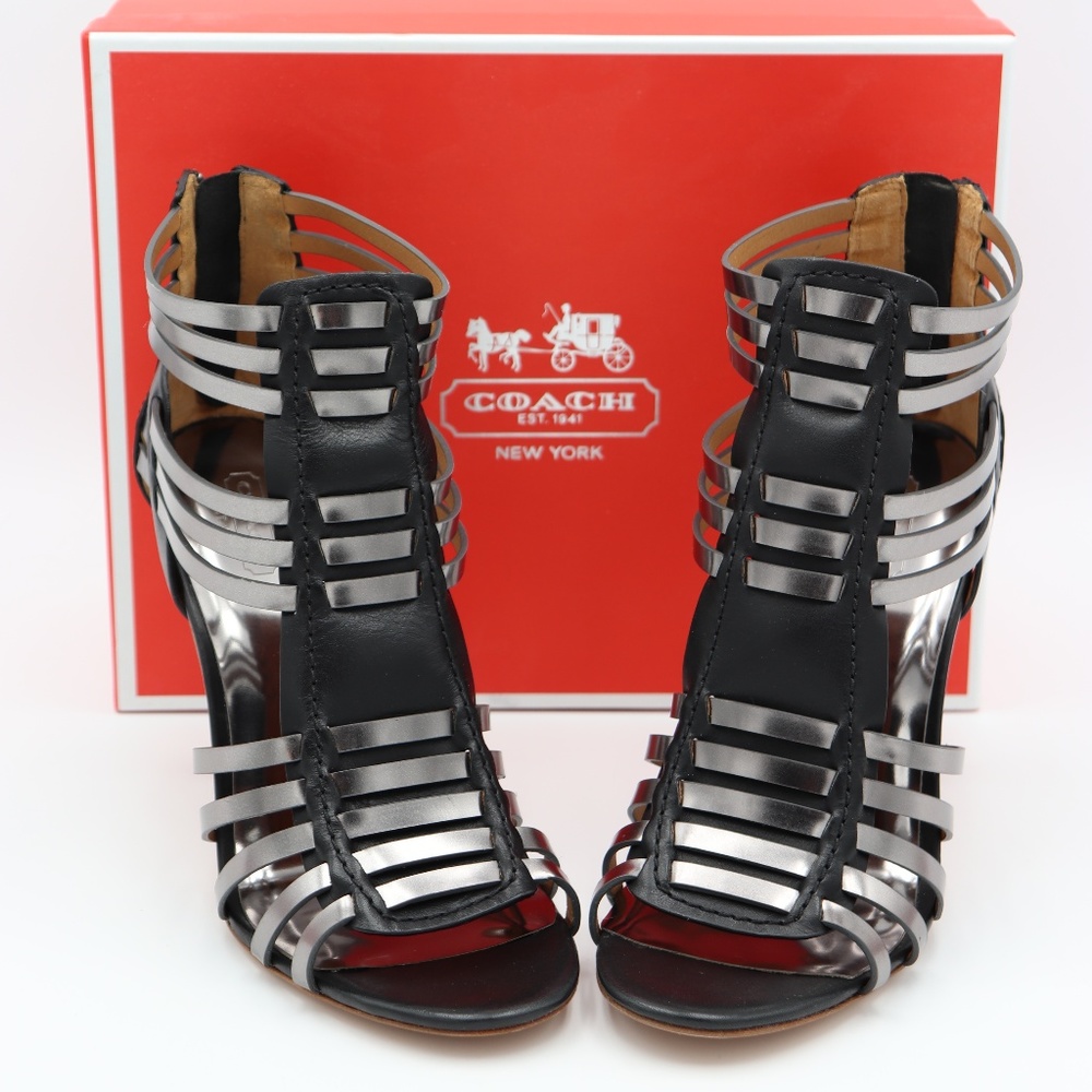 Coach Lucy Black Pewter Strappy Leather Sandals